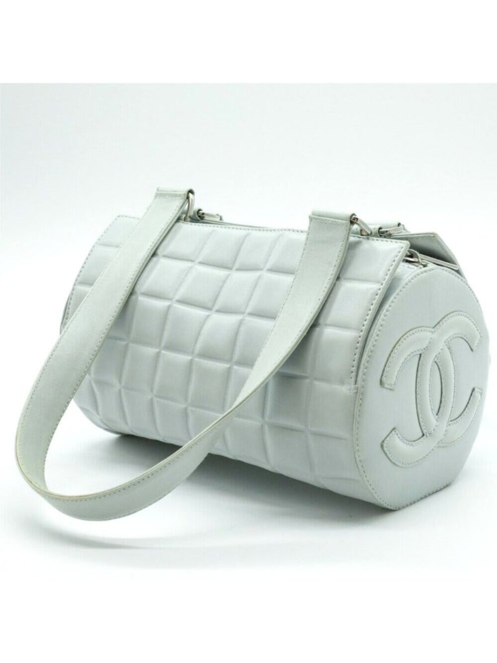 Chanel CC Chocolate Bar Quilted Leather Bowler Shoulder Bag Purse Blue